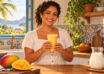 Vitamina de manga com leite, mistura comum nas casas brasileiras, não faz mal para quem tolera bem os ingredientes.