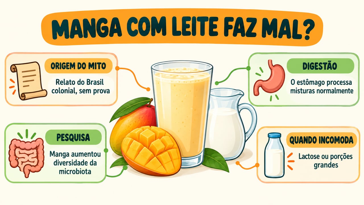Origem colonial do mito, digestão normal, estudo sobre microbiota e causas reais de desconforto com manga e leite.