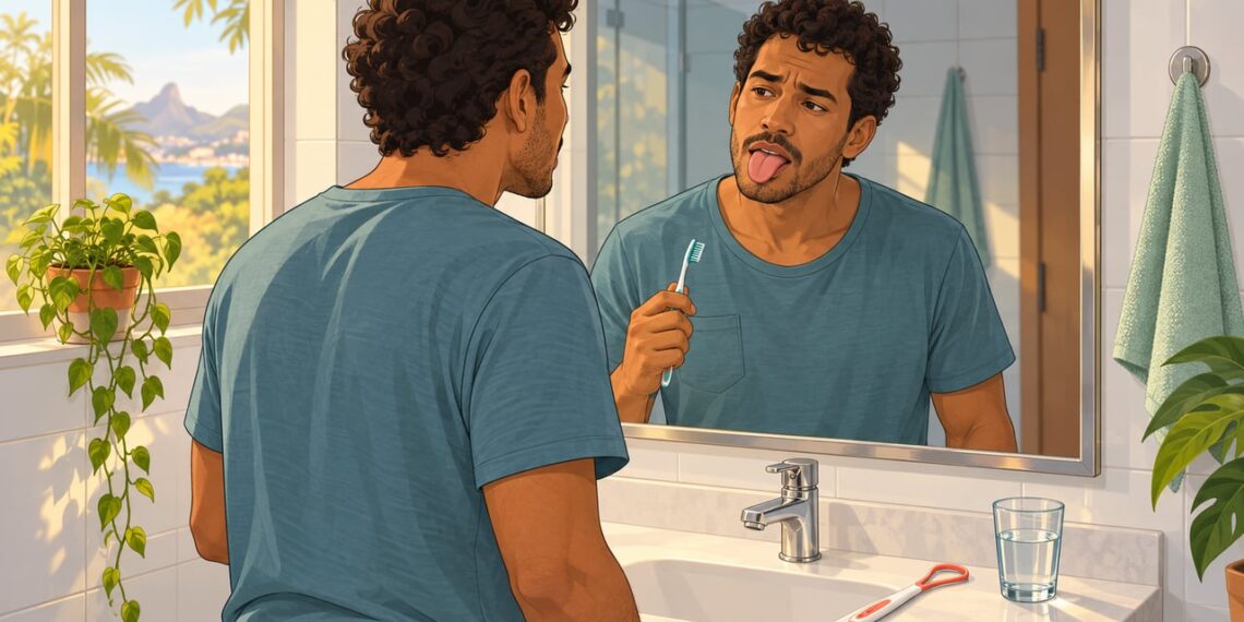 Mesmo escovando os dentes, a língua pode abrigar a saburra, principal fonte do mau hálito.