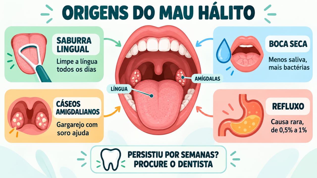Saburra lingual, boca seca, cáseos amigdalianos e refluxo explicam o mau hálito que persiste.