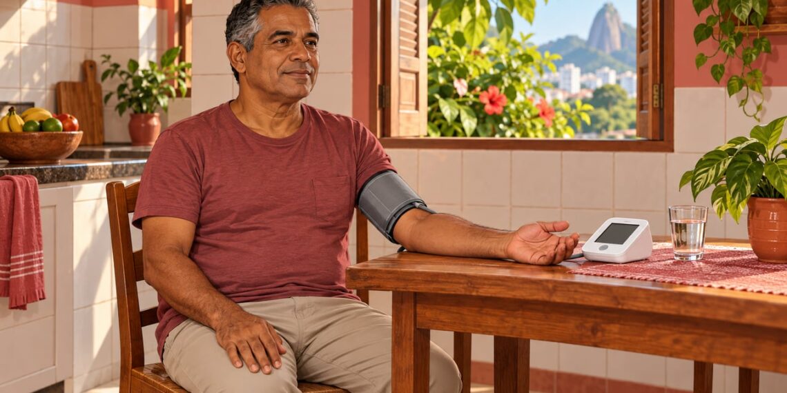 Braço apoiado na mesa, na altura do coração, garante medidas de pressão mais confiáveis em casa.