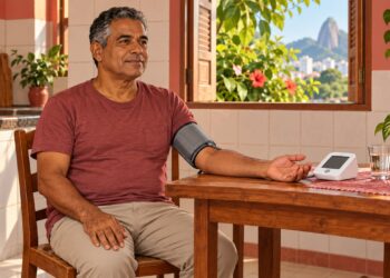 Braço apoiado na mesa, na altura do coração, garante medidas de pressão mais confiáveis em casa.