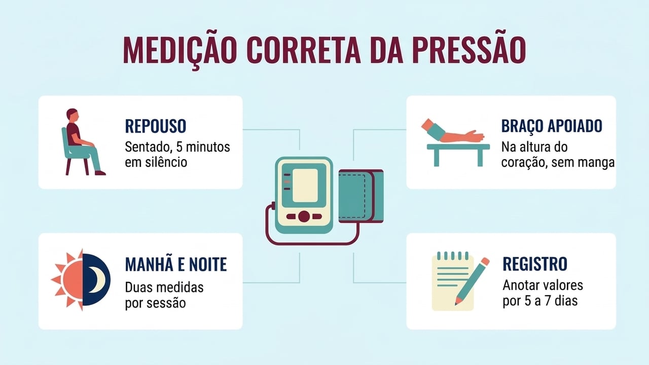 Repouso, braço apoiado, medidas de manhã e à noite e registro formam a rotina correta.