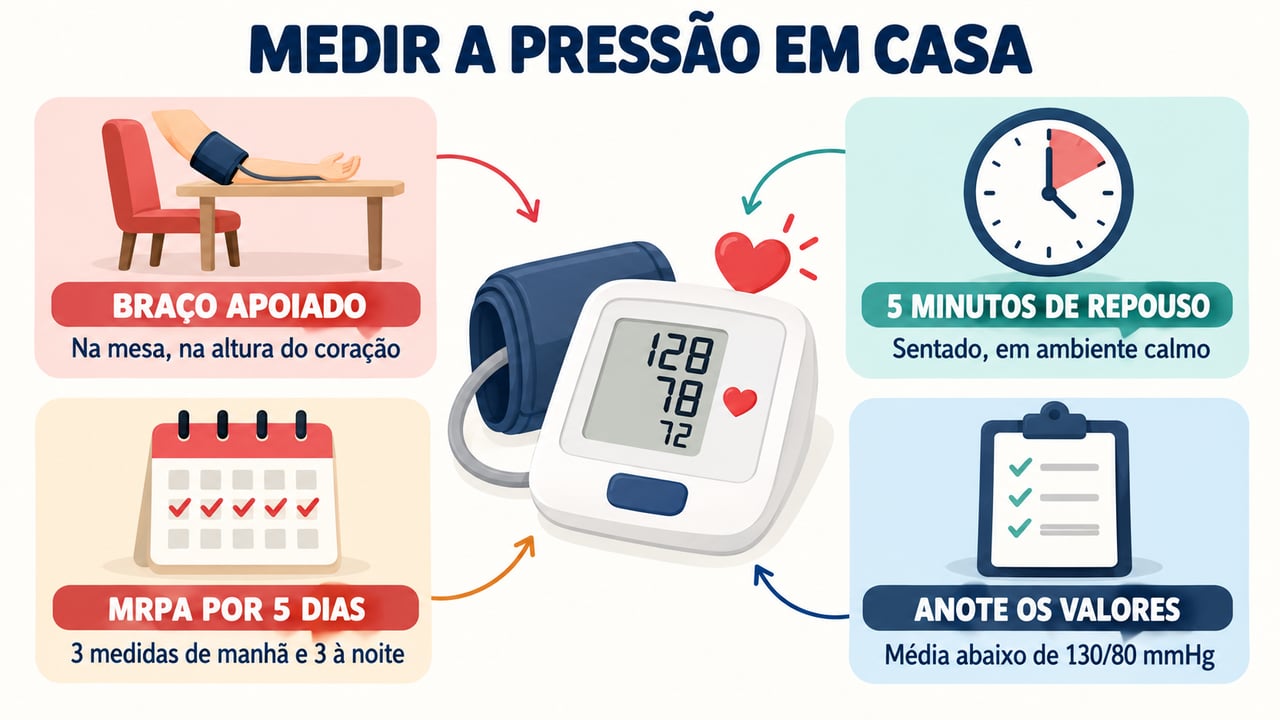 Apoio do braço, repouso, protocolo MRPA e registro organizado ajudam a medir a pressão corretamente.