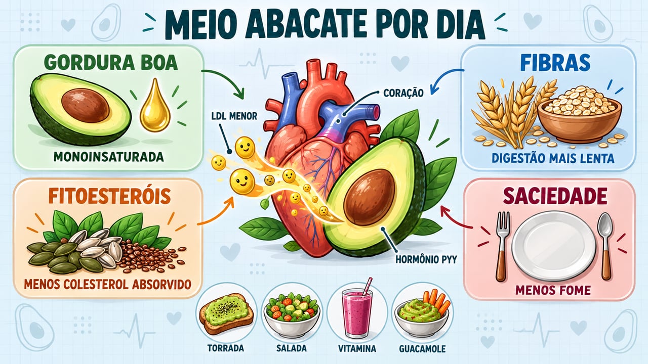 Gordura boa, fibras, fitoesteróis e saciedade explicam como o abacate atua no colesterol.