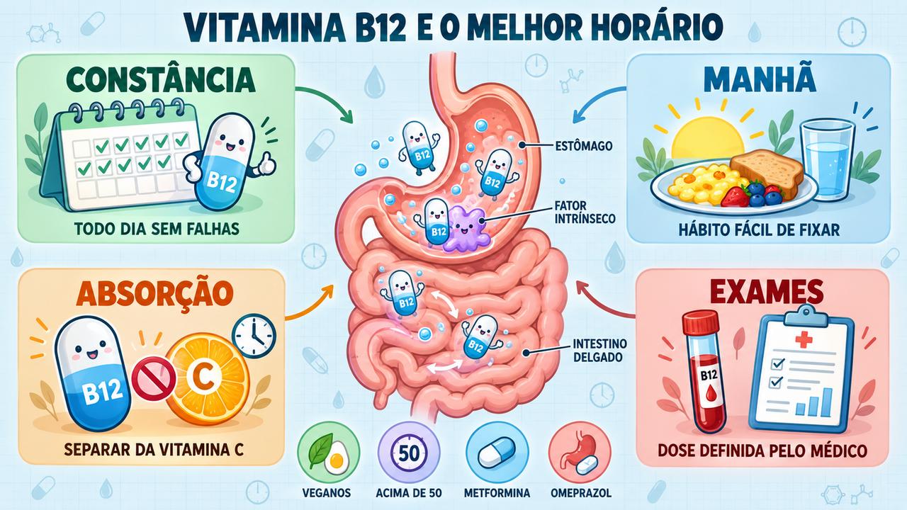 Constância, rotina matinal, absorção e exames orientam o uso correto da vitamina B12.