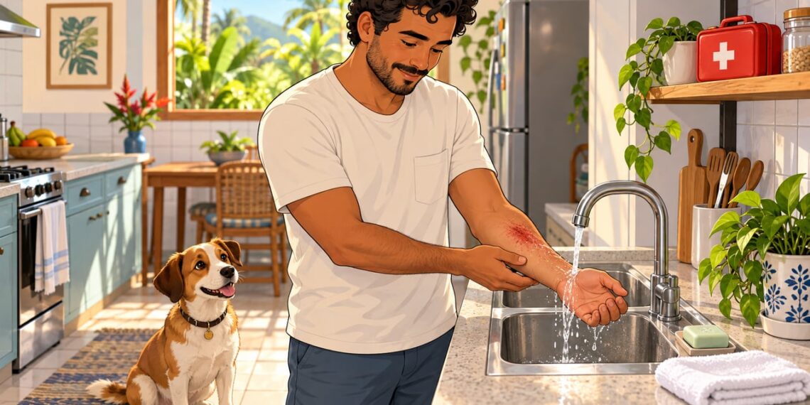 Lavar a mordida de cachorro com água corrente e sabão é o primeiro passo, mas não basta.