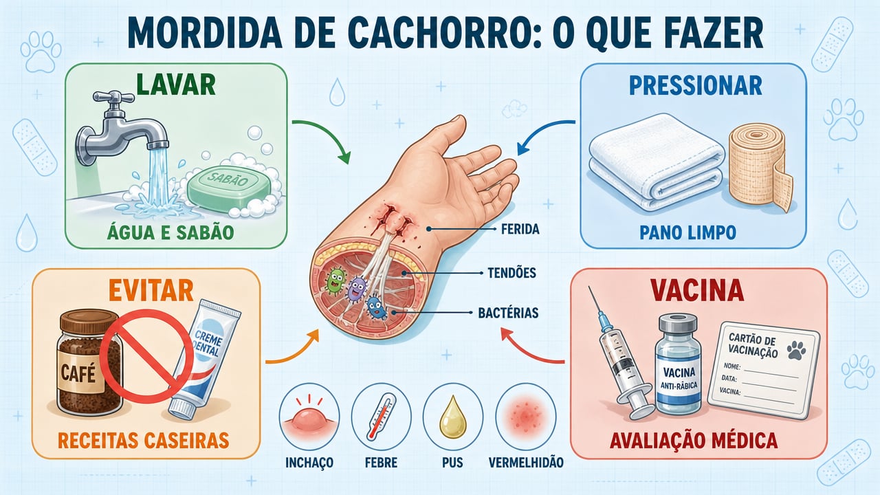 Quatro pilares após mordida de cachorro: lavar, pressionar, evitar receitas caseiras e buscar avaliação para vacina antirrábica.
