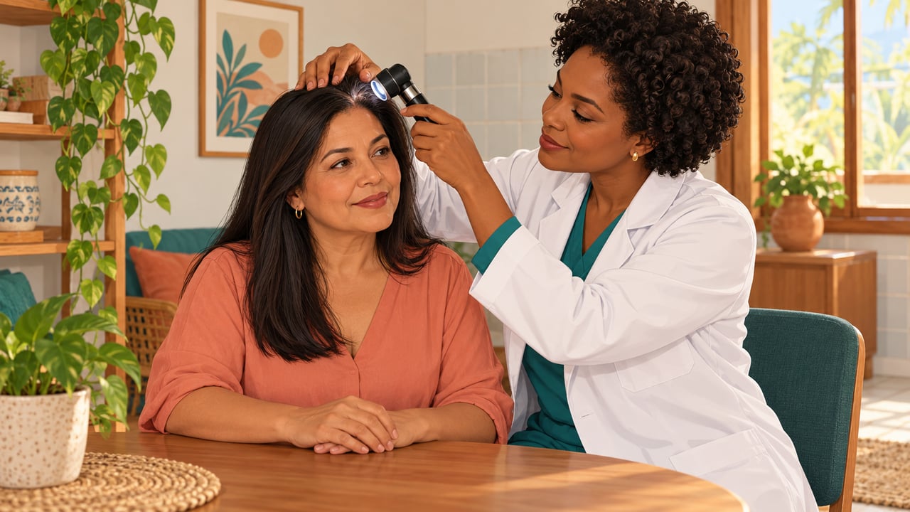 Na consulta, o dermatologista examina o couro cabeludo para descobrir a causa da queda de cabelo.