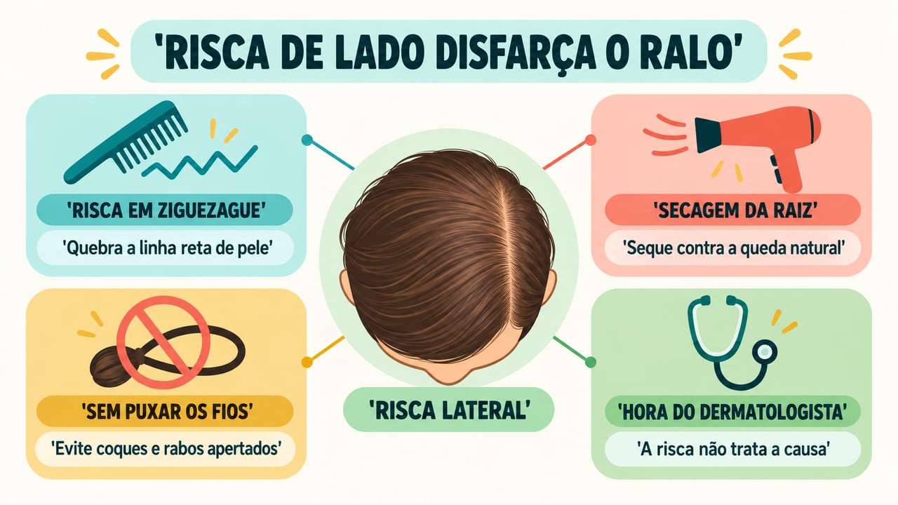 Risca em zigue-zague, secagem da raiz e cuidado com penteados apertados reforçam o efeito, com apoio do dermatologista.