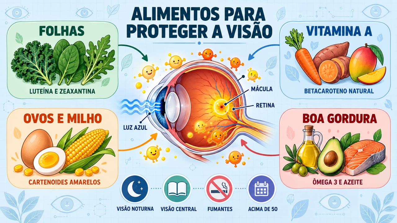 Folhas verde-escuras, vitamina A, ovos com milho e boas gorduras sustentam a saúde da mácula.