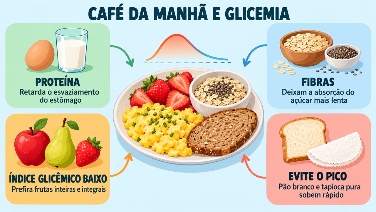 Proteína, fibras, índice glicêmico baixo e atenção aos picos: pilares de um café da manhã equilibrado.