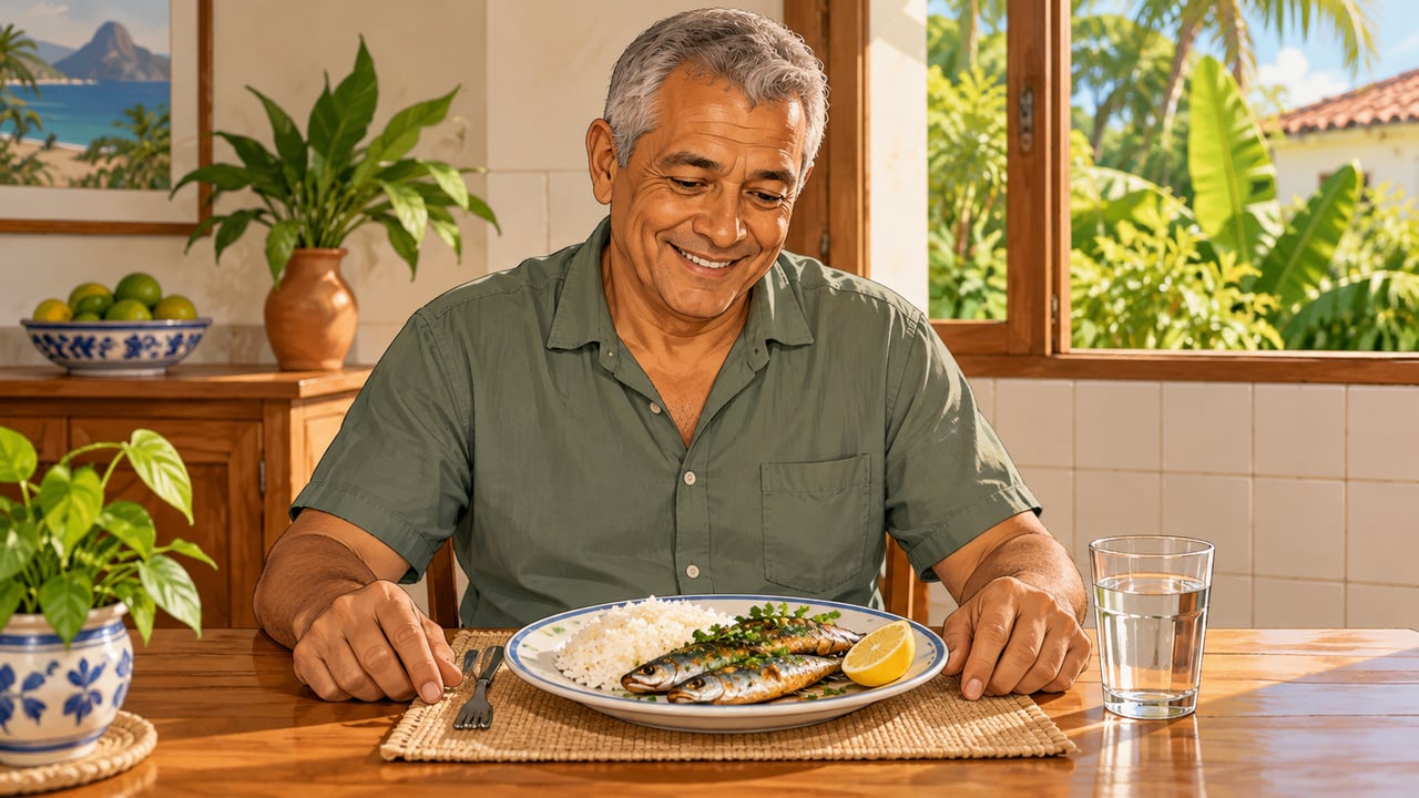 Sardinha assada com ervas e arroz no almoço, de duas a três vezes por semana.