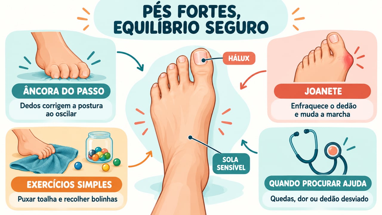 Infográfico mostra como os dedos sustentam o passo, o impacto do joanete, exercícios e sinais de alerta.