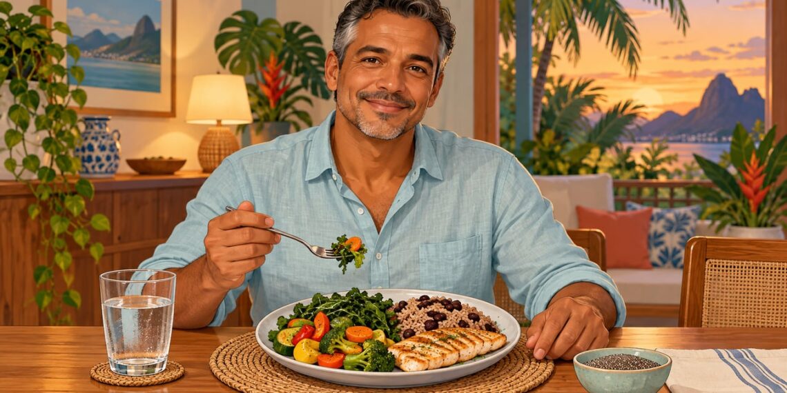 Jantar equilibrado com vegetais, proteína e carboidrato integral ajuda a acordar com a glicemia em jejum controlada.
