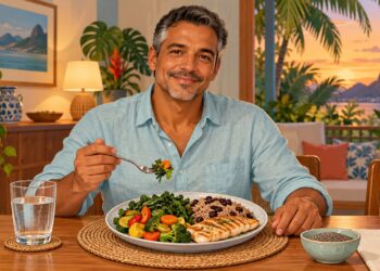 Jantar equilibrado com vegetais, proteína e carboidrato integral ajuda a acordar com a glicemia em jejum controlada.