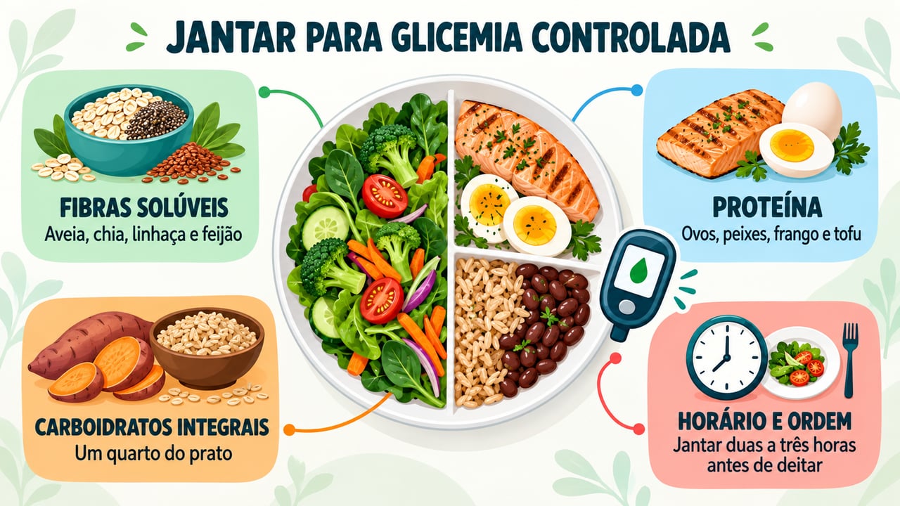 Fibras solúveis, proteína, carboidratos integrais e horário adequado formam os pilares de um jantar que favorece a glicemia.