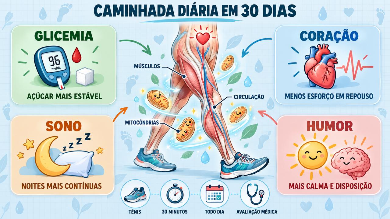 Glicemia, coração, sono e humor respondem à rotina de caminhada diária no primeiro mês.