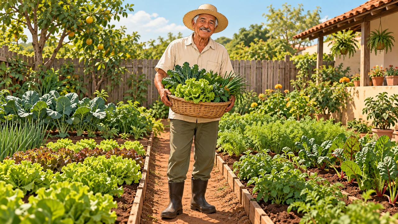 Cuidar da horta e colher verduras frescas faz parte da rotina dos centenários.