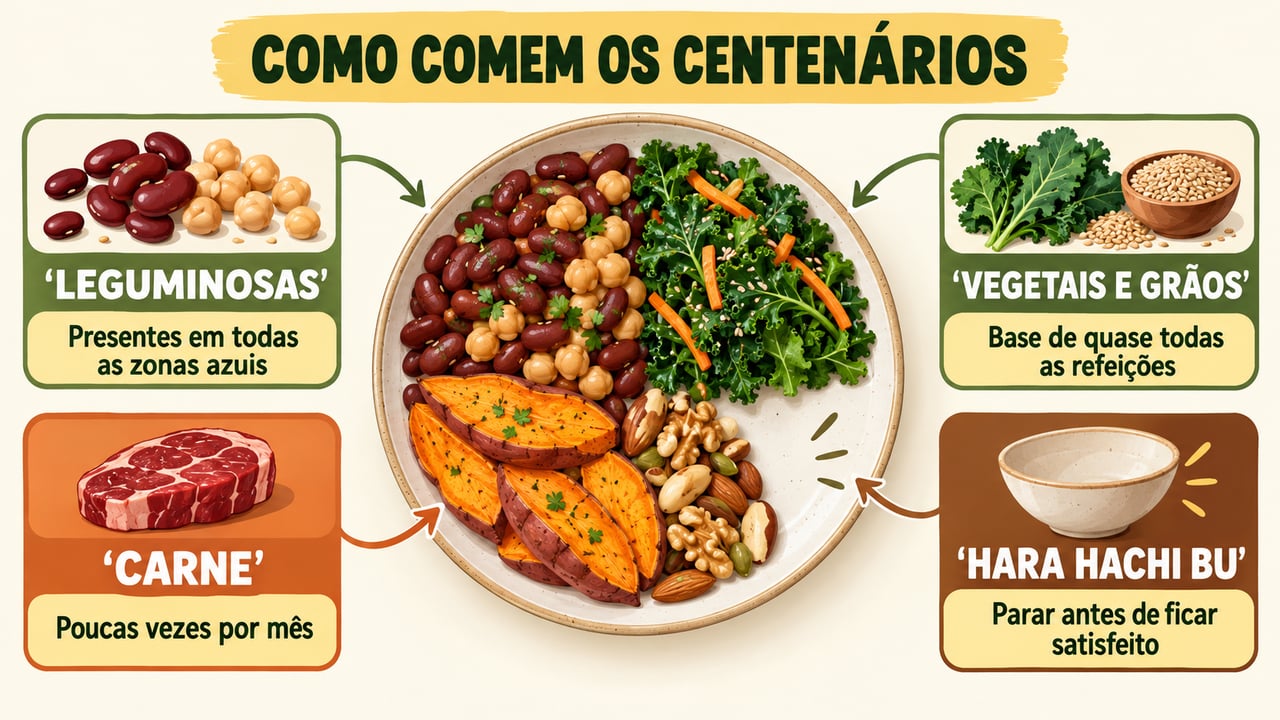 Leguminosas, vegetais, pouca carne e o hábito hara hachi bu resumem a mesa das zonas azuis.