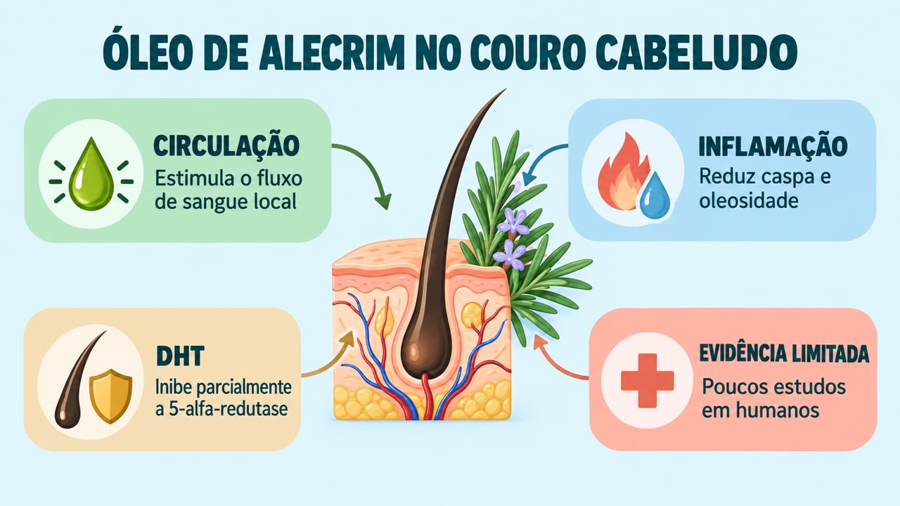 Circulação, inflamação, DHT e evidência limitada: o que se sabe sobre o alecrim no cabelo.