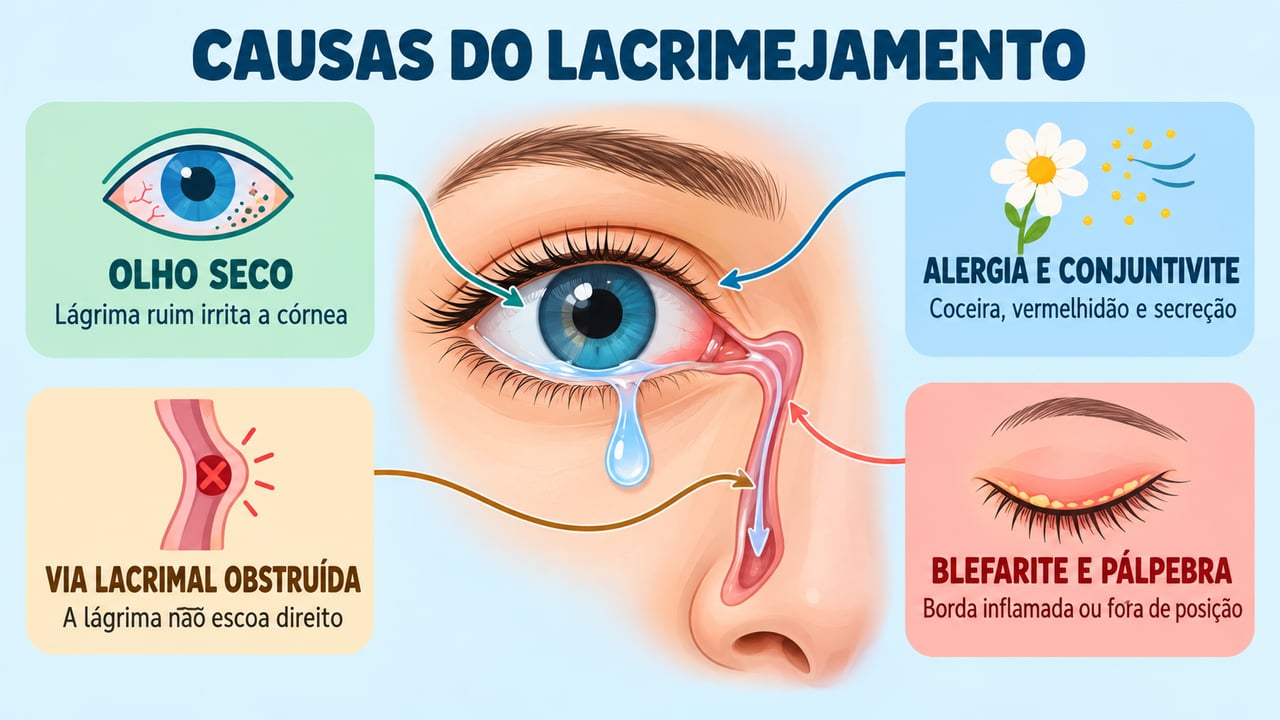 Olho seco, alergia, conjuntivite, vias lacrimais obstruídas e blefarite estão entre as causas mais comuns do lacrimejamento.
