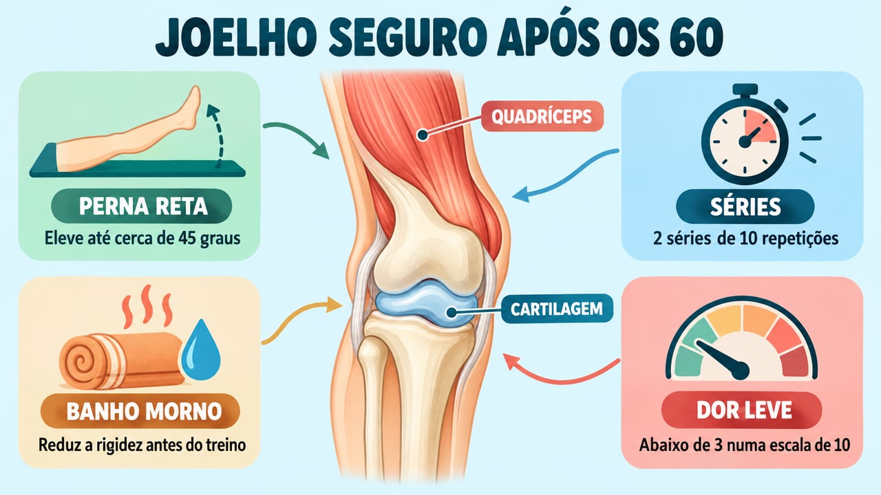 Perna reta, séries, banho morno e dor leve resumem como treinar o joelho com segurança.