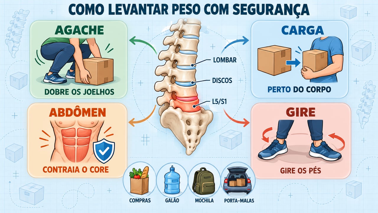 Quatro cuidados para proteger a coluna: agachar, manter a carga perto, contrair o abdômen e girar os pés.