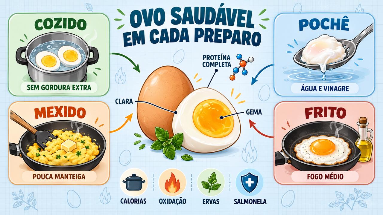 Quatro preparos do ovo comparados: cozido e pochê sem gordura extra, mexido e frito com mais calorias.