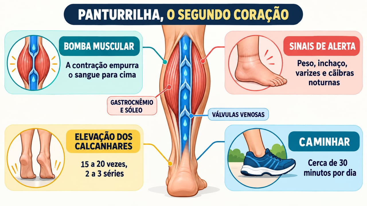 Bomba muscular, sinais de alerta, elevação dos calcanhares e caminhada: os pilares da circulação das pernas.