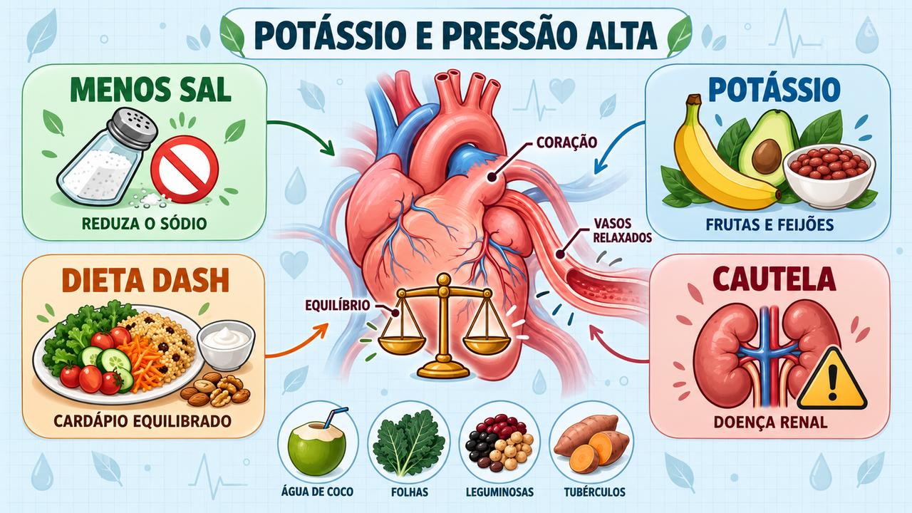 Quatro pilares para a pressão: menos sal, mais potássio, dieta DASH e cautela com os rins.