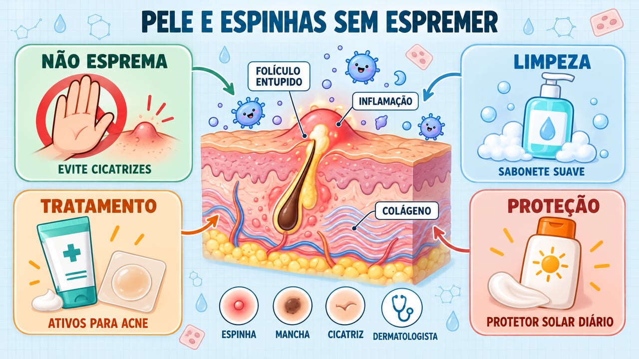 Quatro pilares para tratar a acne do jeito certo: não espremer, limpar, tratar e proteger.
