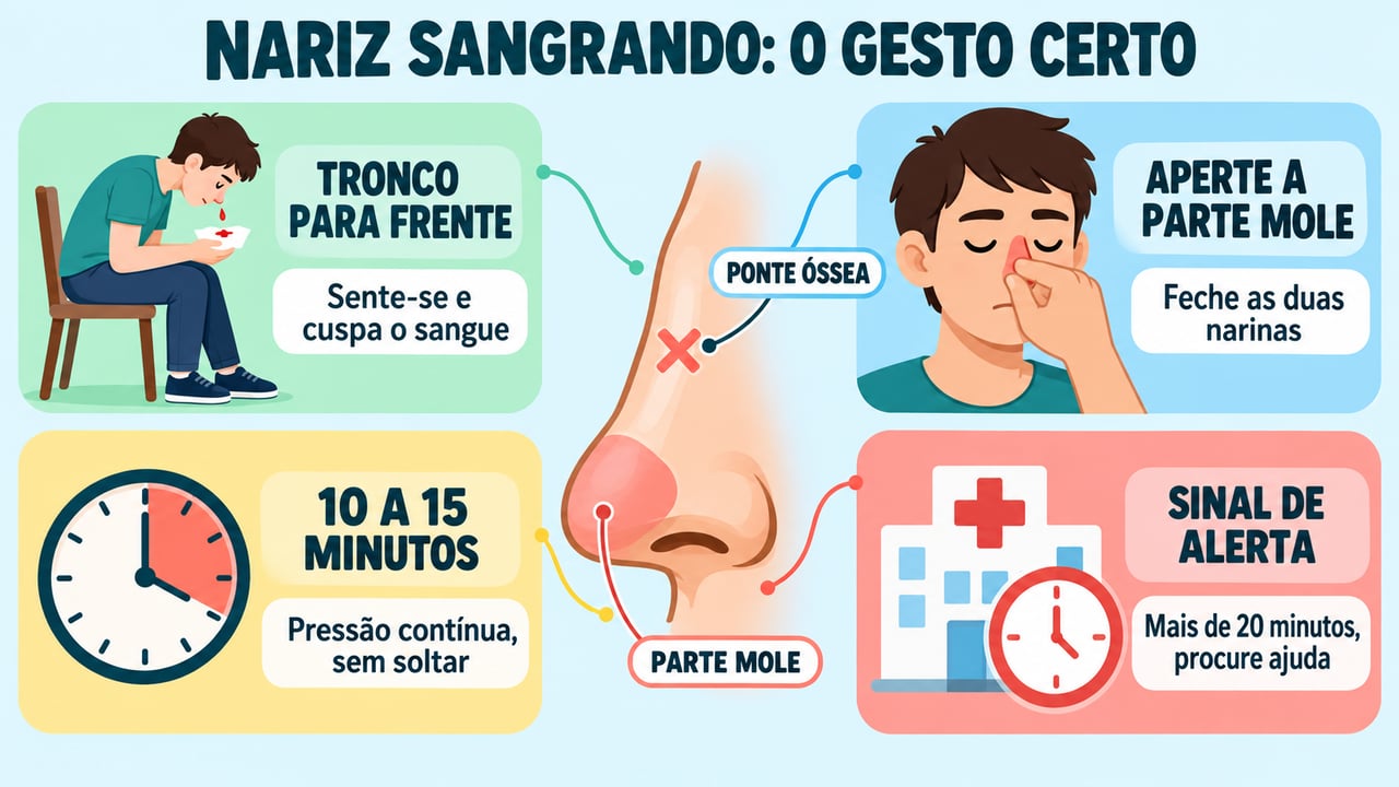 Infográfico resume o passo a passo da compressão nasal e o sinal de alerta após 20 minutos.