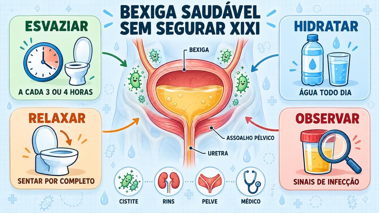 Quatro pilares para cuidar da bexiga: esvaziar com regularidade, hidratar, relaxar a pelve e observar sintomas.