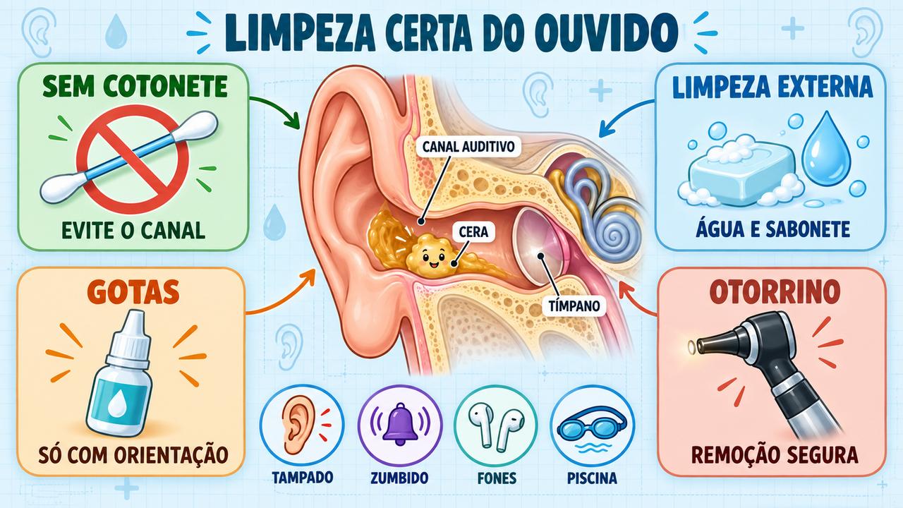 Quatro pilares do cuidado com o ouvido: evitar cotonete, limpar por fora, usar gotas com orientação e procurar o otorrino.