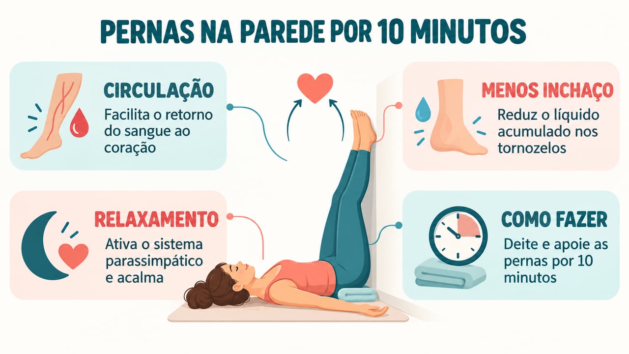 Infográfico mostra como a postura ajuda a circulação, reduz o inchaço e relaxa o corpo.