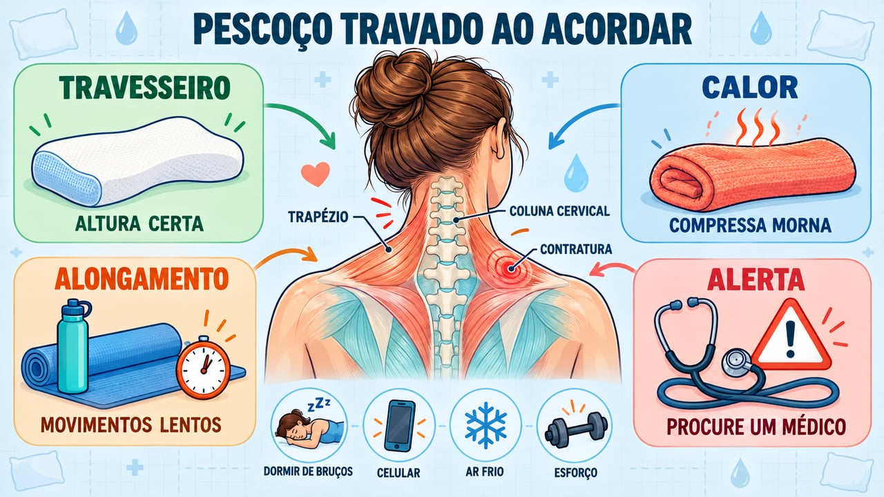 Quatro pilares contra o torcicolo: travesseiro adequado, calor, alongamento gradual e atenção aos sinais de alerta.