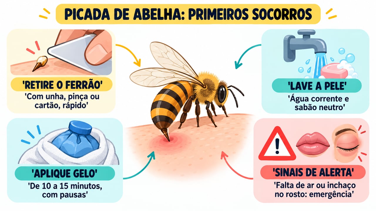 Retirar o ferrão, lavar, aplicar gelo e reconhecer sinais de alergia grave após a picada.