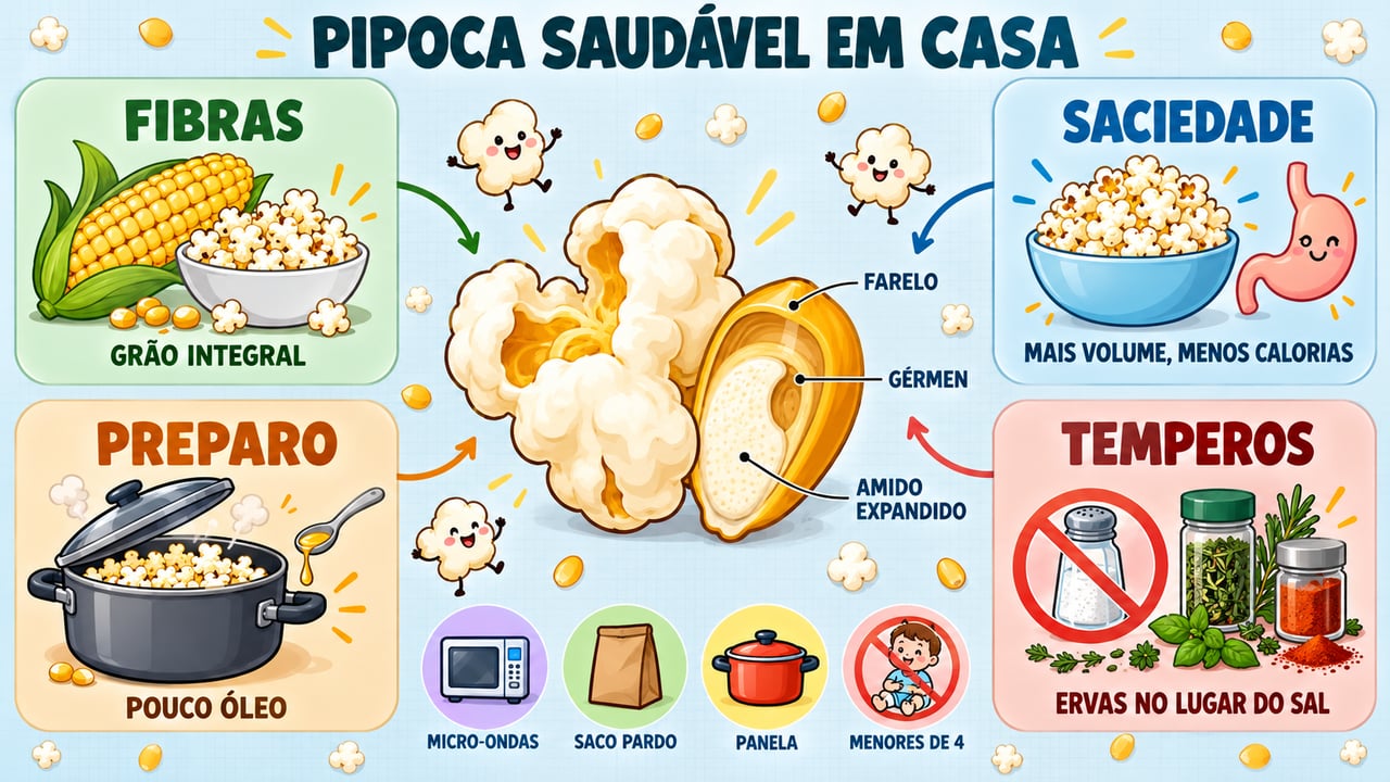 Fibras, saciedade, preparo leve e temperos sem excesso de sal são os pilares da pipoca saudável.
