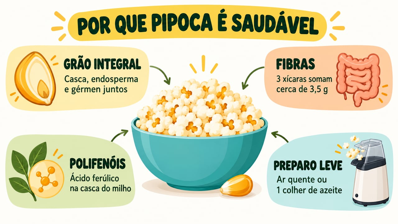 Grão integral, fibras, polifenóis e preparo leve explicam o bom perfil nutricional da pipoca.