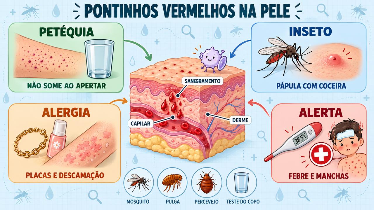 Petéquia, picada de inseto e alergia: sinais de cada causa e quando buscar atendimento médico.