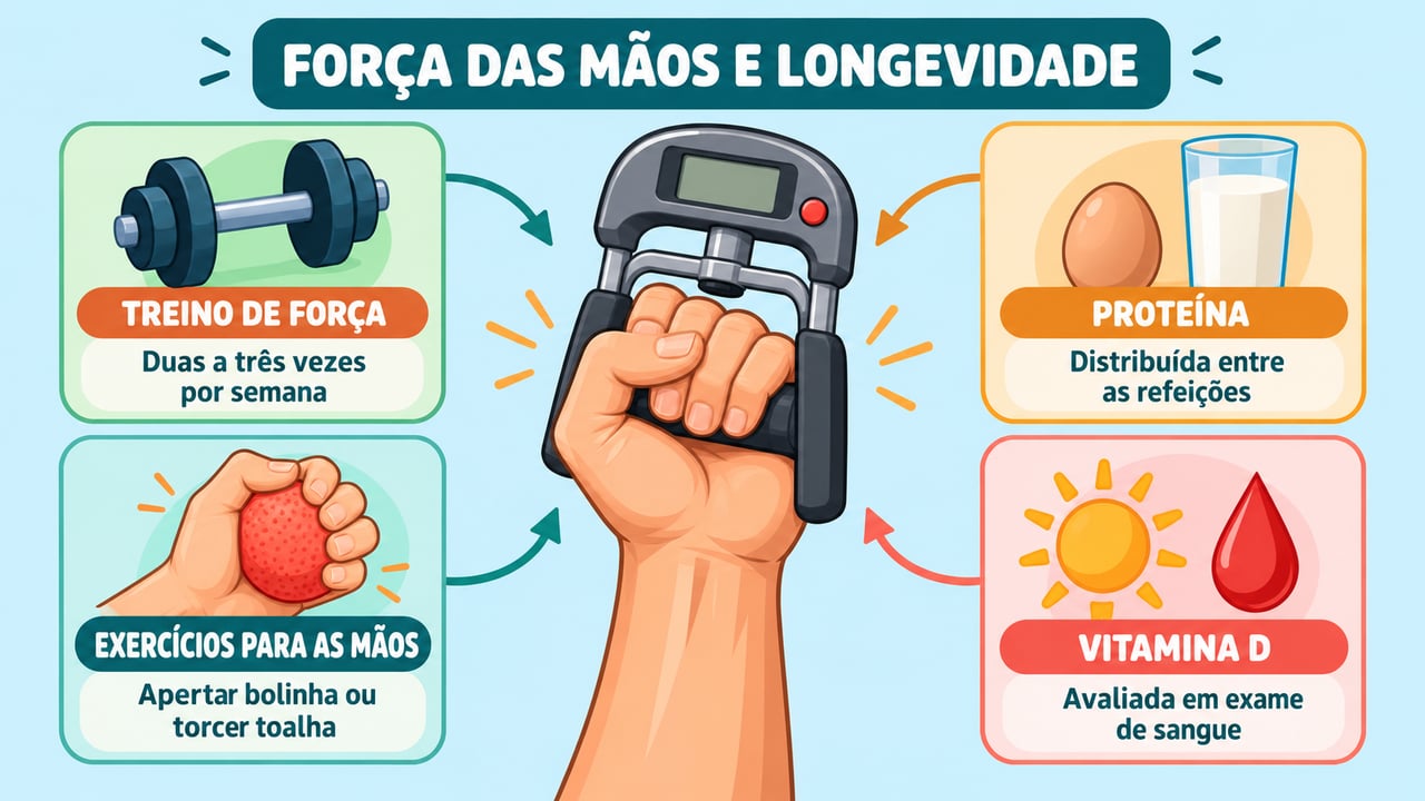 Treino de força, proteína, exercícios para as mãos e vitamina D ajudam a preservar a musculatura.