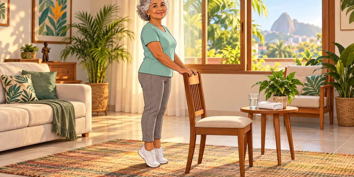 Elevar os calcanhares apoiada em uma cadeira fortalece o tornozelo e ajuda a prevenir tropeços depois dos 60.