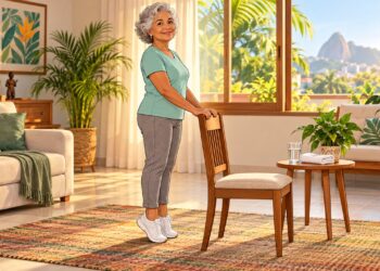 Elevar os calcanhares apoiada em uma cadeira fortalece o tornozelo e ajuda a prevenir tropeços depois dos 60.