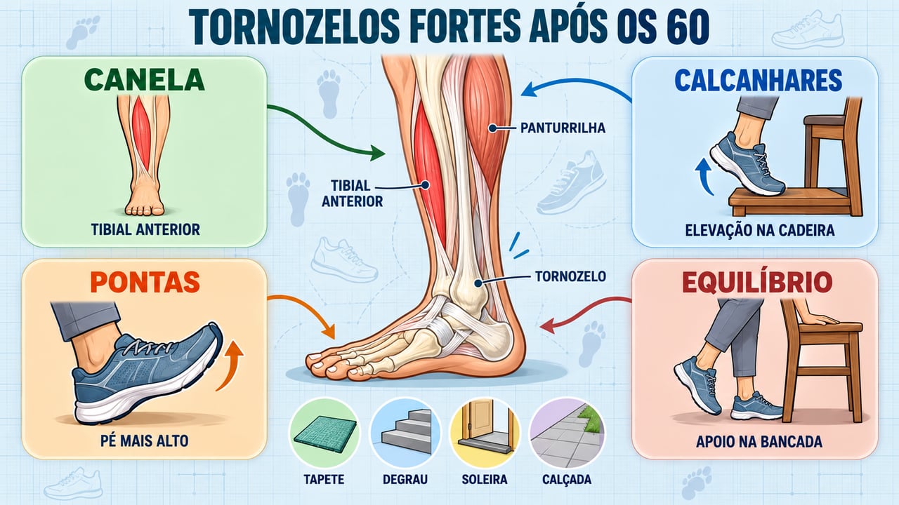 Canela, calcanhares, pontas dos pés e equilíbrio: pilares para fortalecer os tornozelos e evitar quedas.