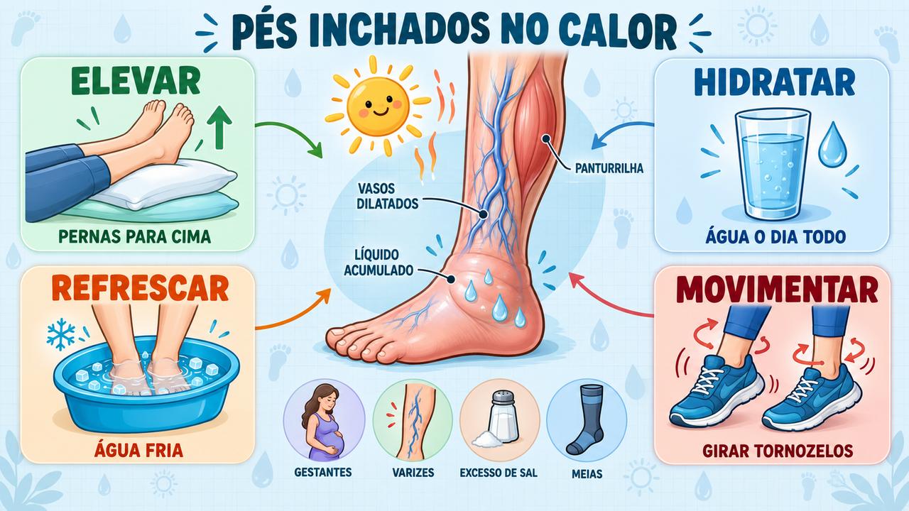 Quatro cuidados contra o edema por calor: elevar as pernas, hidratar, refrescar os pés e movimentar os tornozelos.