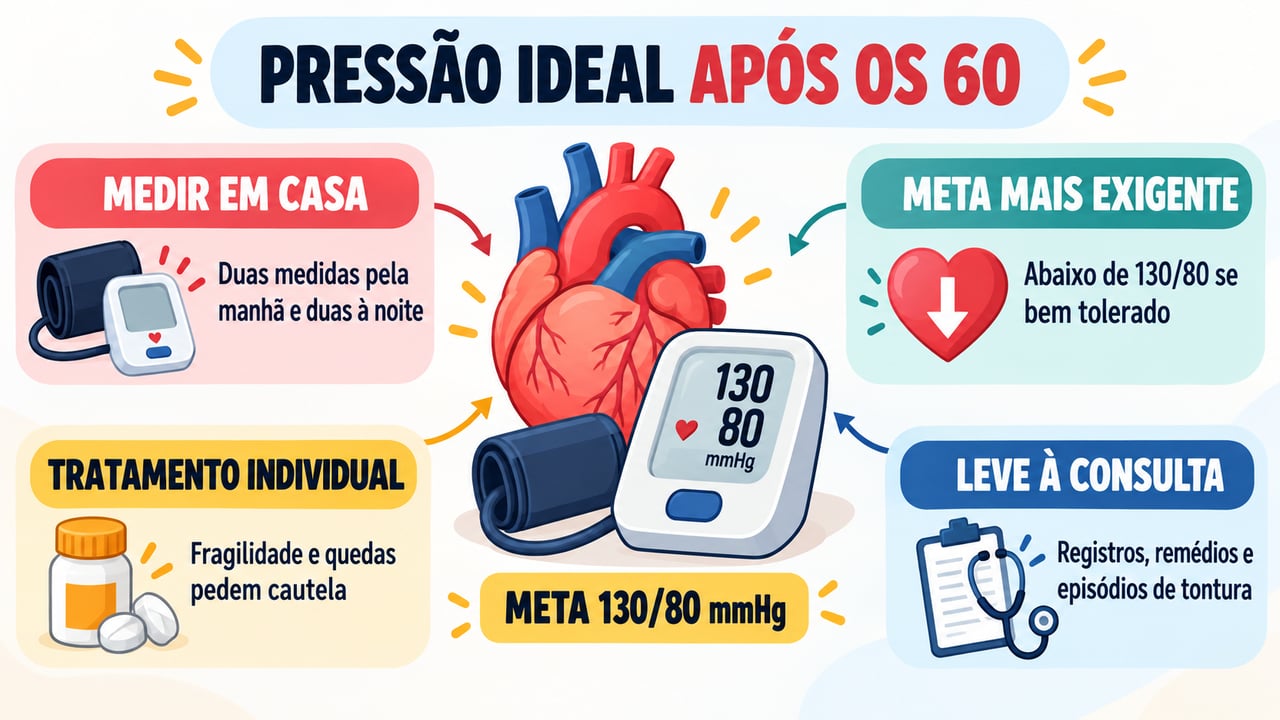 Quatro pontos-chave da pressão depois dos 60: medir em casa, meta de 130/80, individualizar o tratamento e preparar a consulta.
