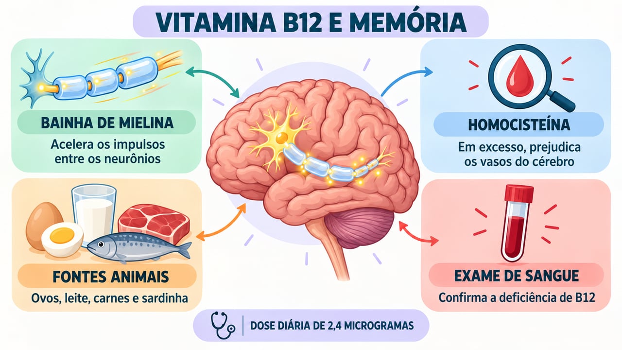 Entenda como a B12 protege os neurônios, controla a homocisteína, vem dos alimentos e é confirmada em exame.