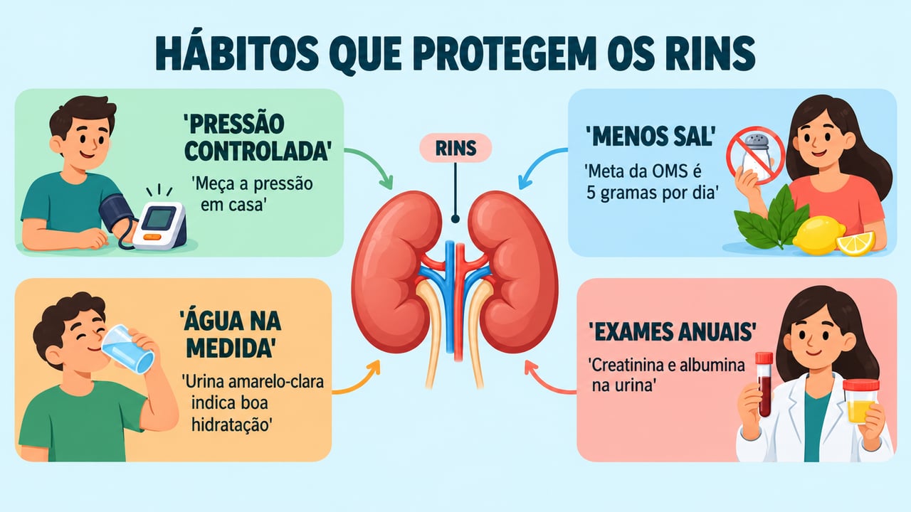 Pressão controlada, menos sal, água na medida e exames anuais formam os pilares da saúde renal.
