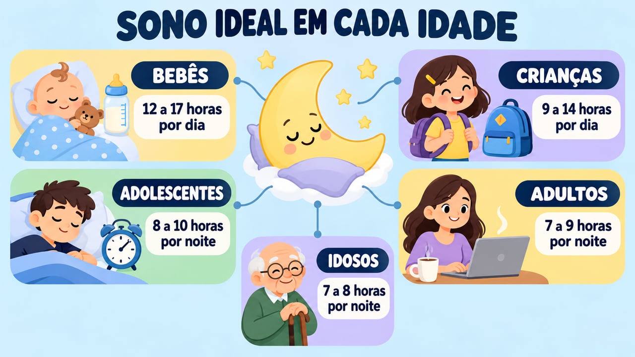 Faixas de sono recomendadas pela National Sleep Foundation, de bebês e crianças a adultos e idosos.